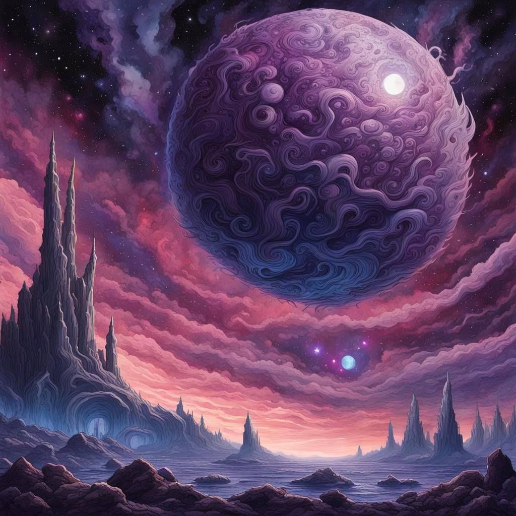 Lovecraftian Planet in Gothic Gouache Style