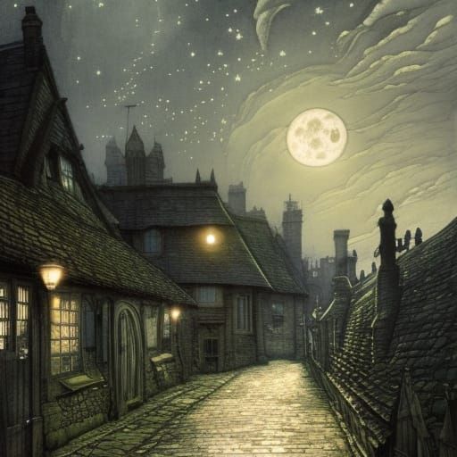 Artistic English cottages with warmly lit windows, night sky with stars, large blue moon reflecting on street , Arthur r...