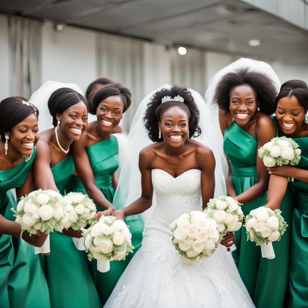 African Bride in White Gown with Bridesmaids