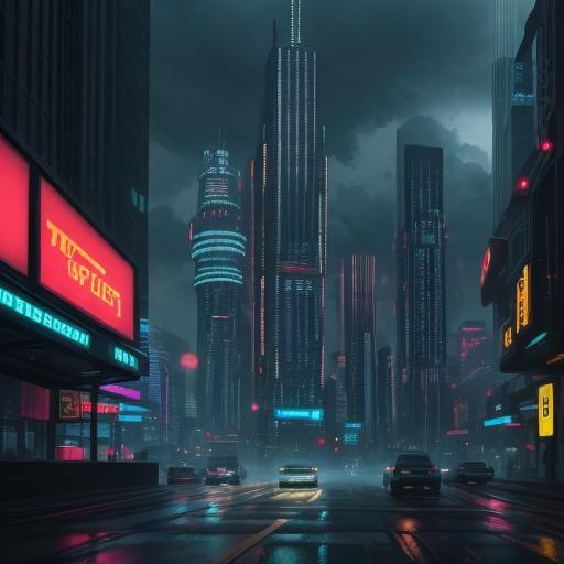 Futuristic Cityscape with Neon Lights in Hyperrealism