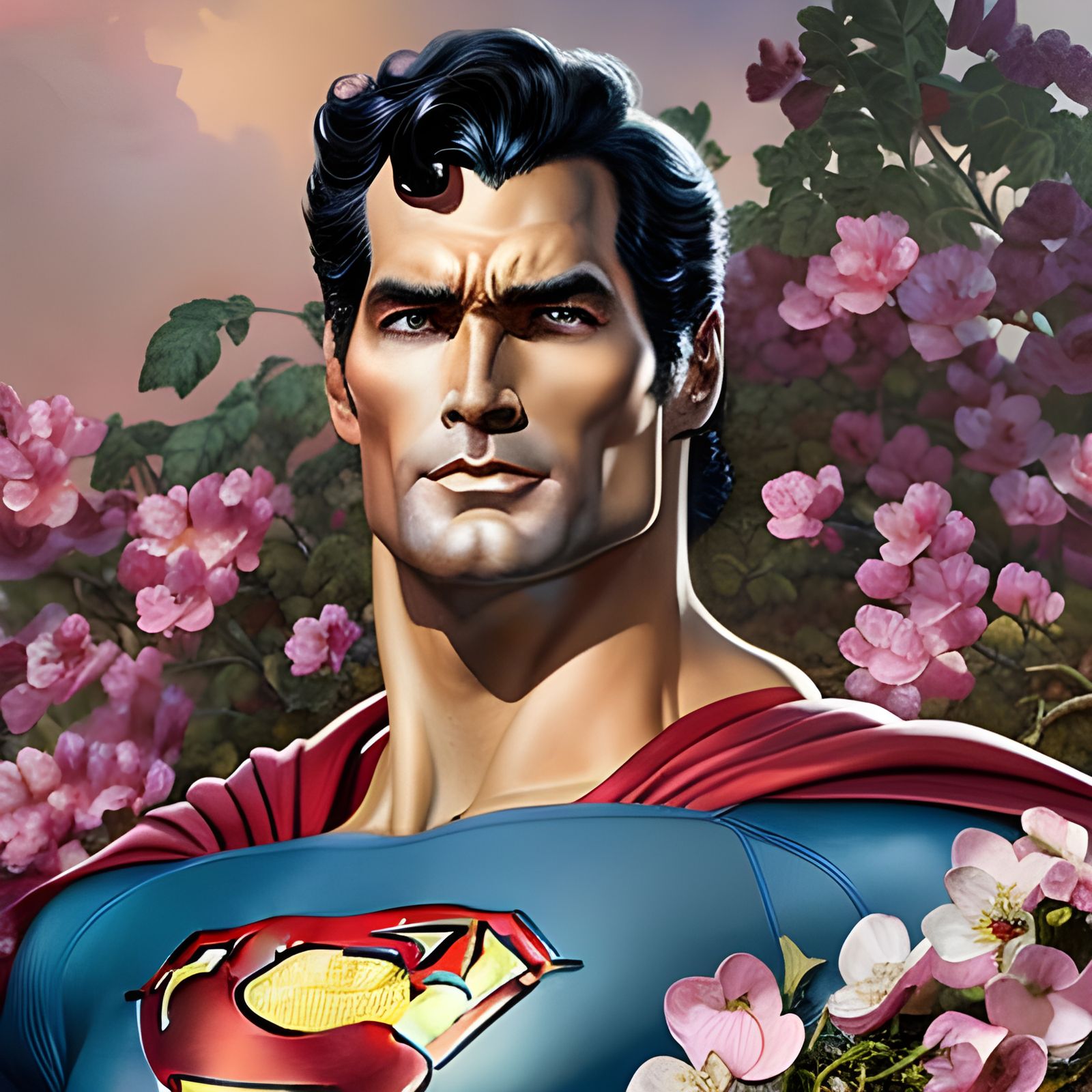 Superman Surrounded by Hearts and Flowers in Rococo Style