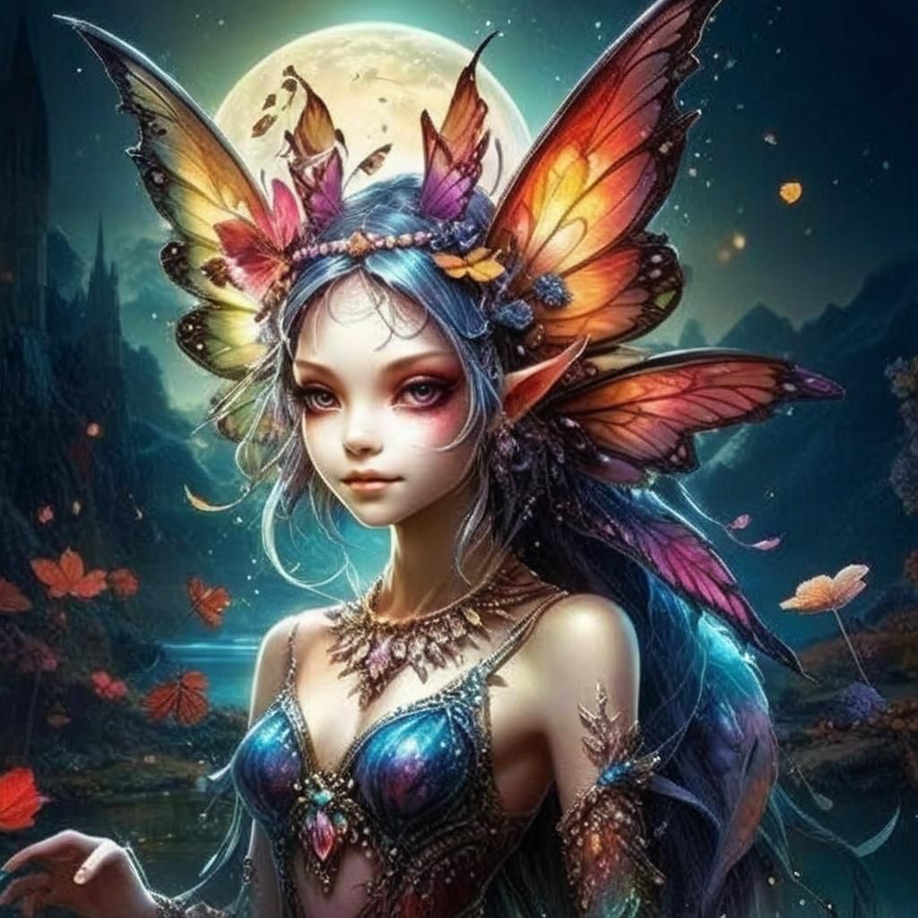 Bioluminescent Autumn Fairy Dances in Moonlight: Digital Pai...