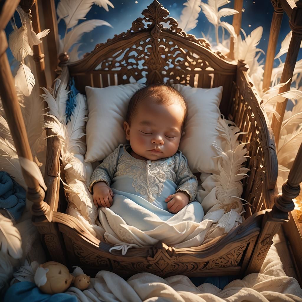 Serene Baby in Glowing Crib: Baroque Fantasy Art