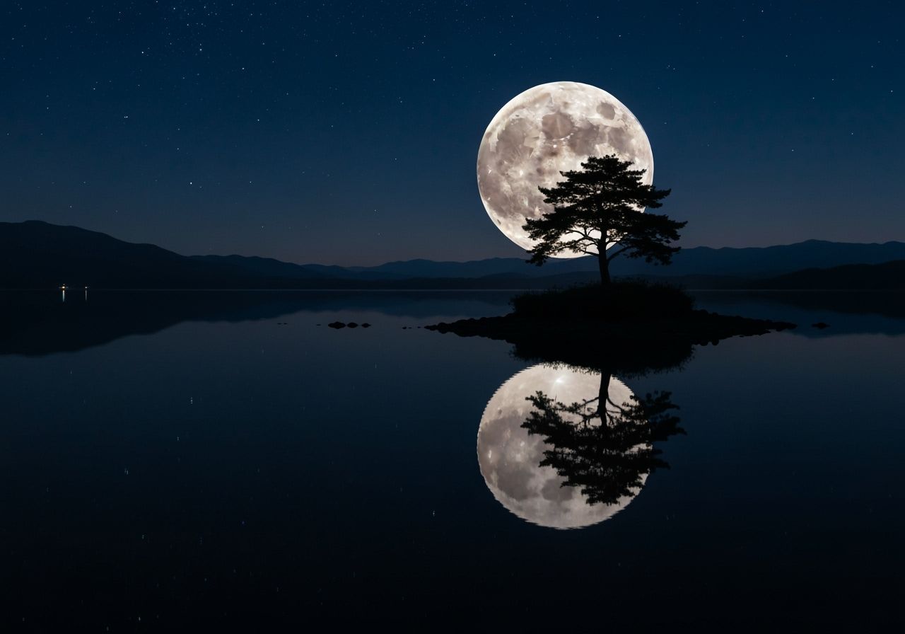 Serene Nocturnal Lake Scene with Giant Moonrise