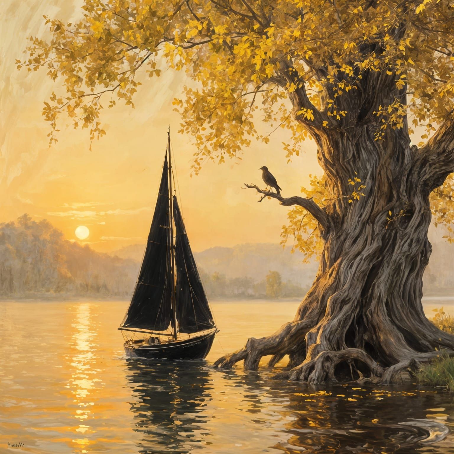 Golden Tree Sunset Sailboat Oil Painting