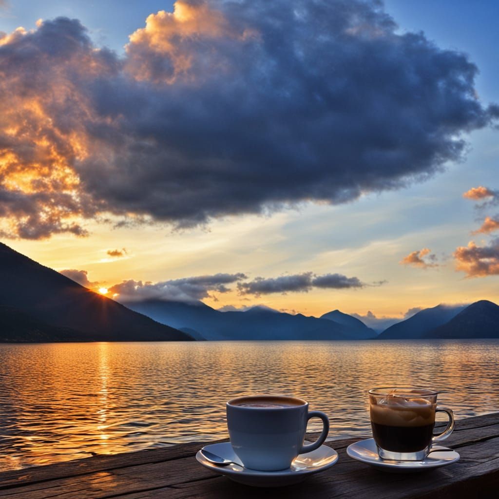Peaceful Sunset Over Mountains with Coffee