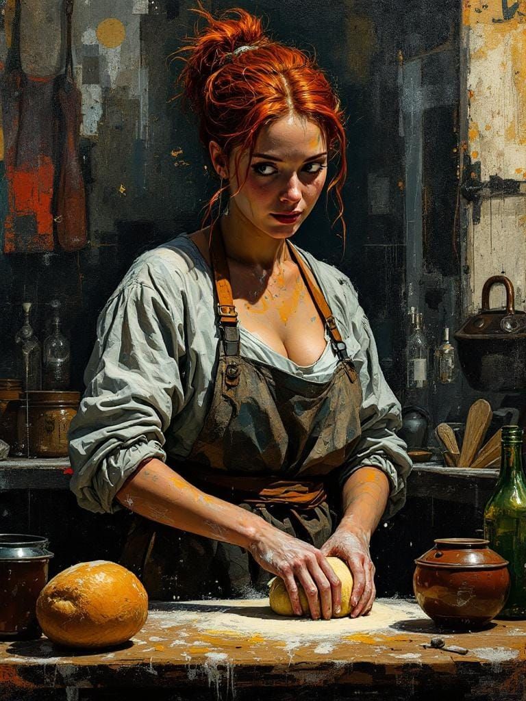 Redhead Baker with Dough in Expressive Jazz Style