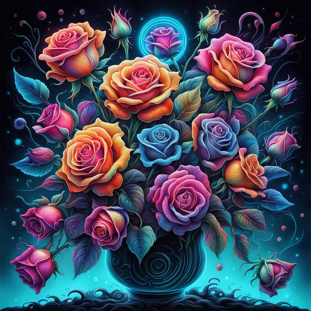 Bioluminescent Roses in Psychedelic Neon Style