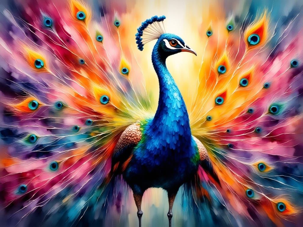 Grunge-Impasto Peacock with Neon Iridescent Plumage