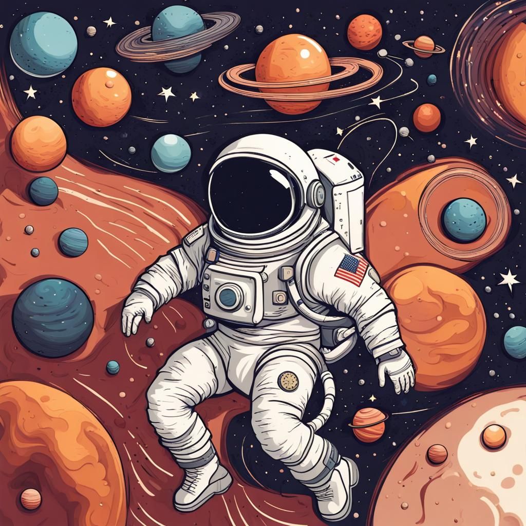 Astronaut floating away in space surrounded by planets and s...