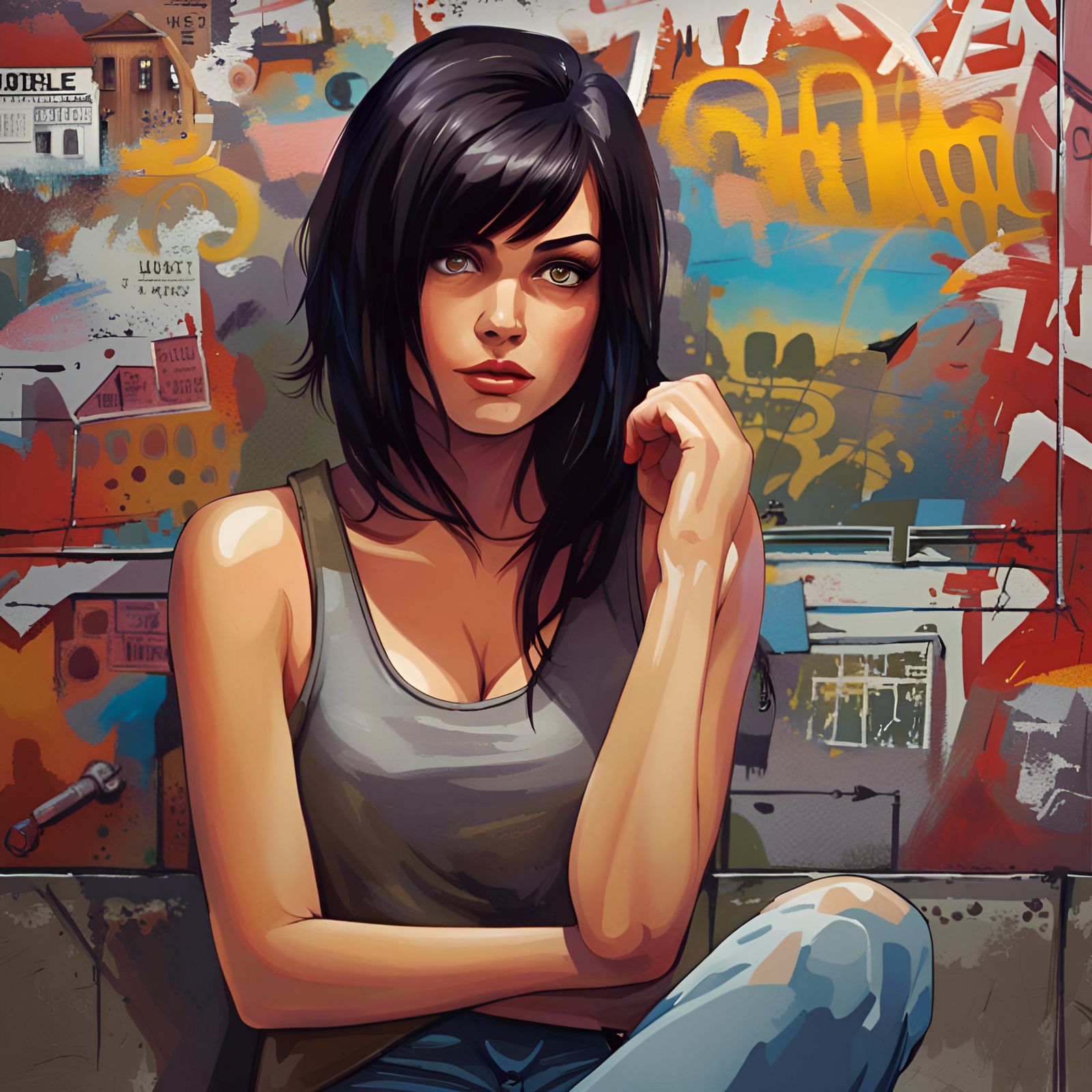 Sad Woman Leaning on Graffiti Wall in Comic Style