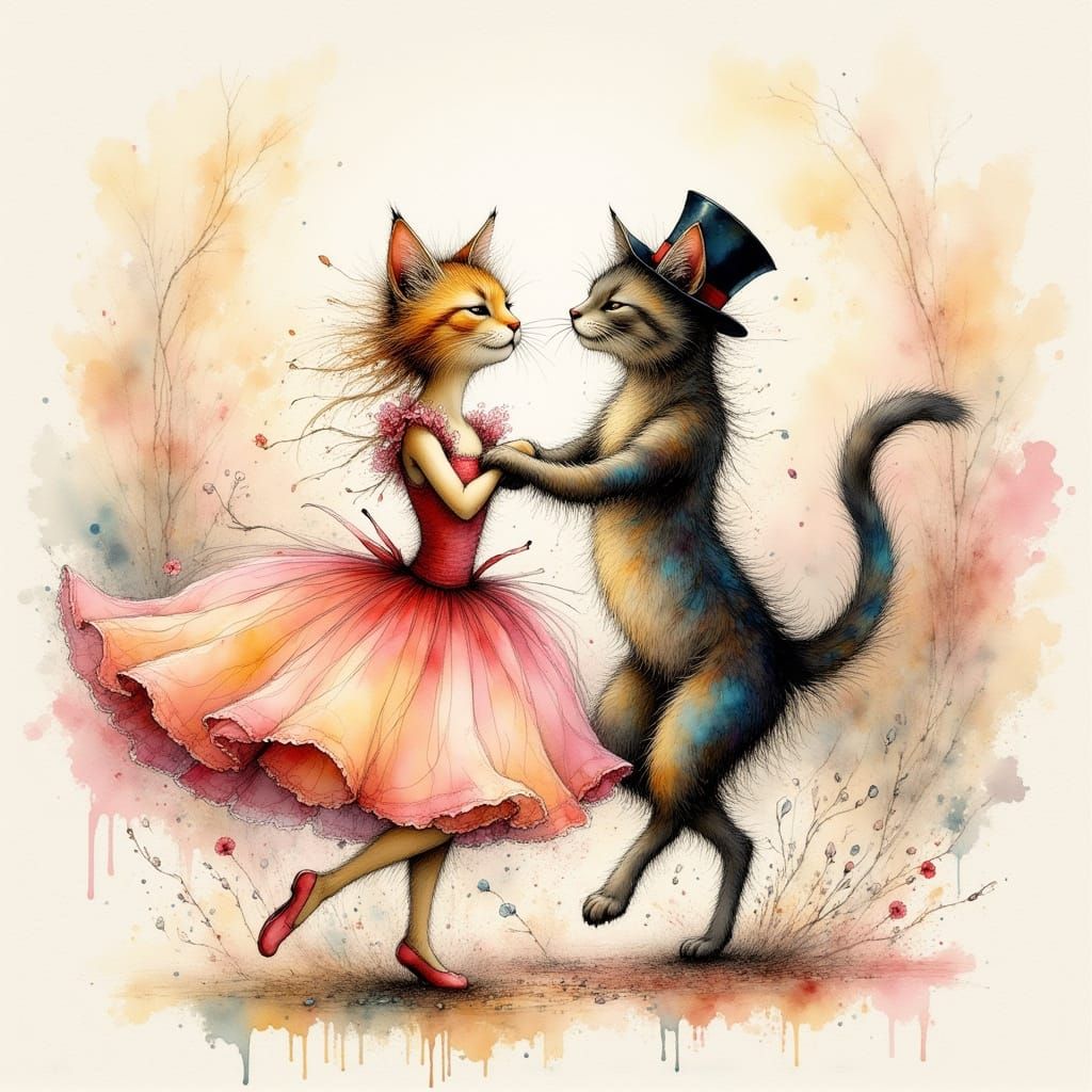 Dancing Cats Pointillism Style Art