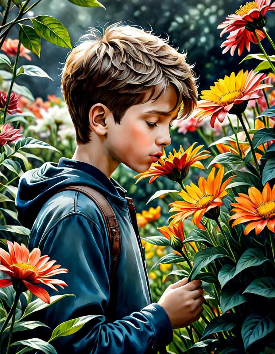 Young Boy Smelling Flowers: Watercolor Hyperrealism