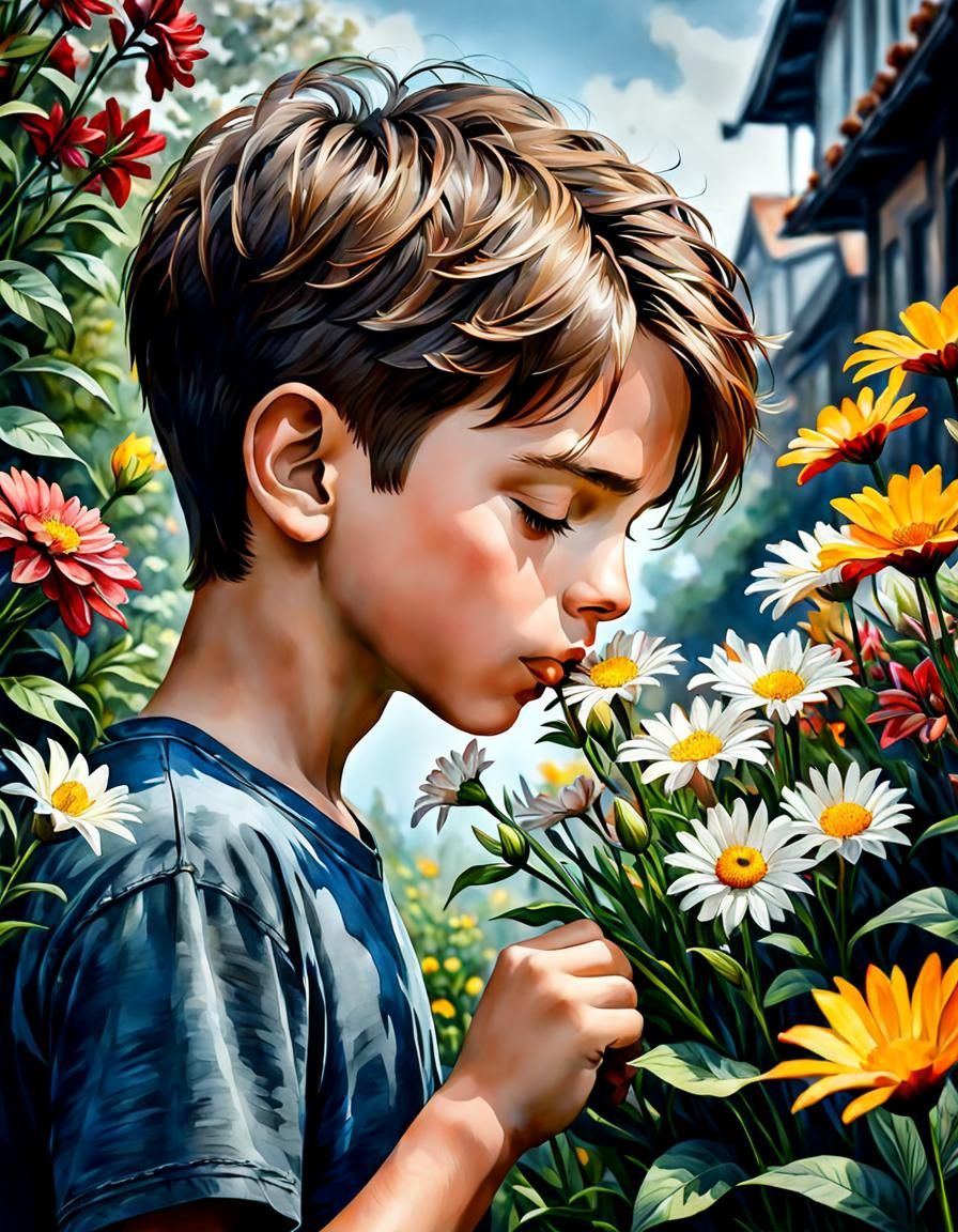 Young Boy Smelling Flowers in Watercolor Style