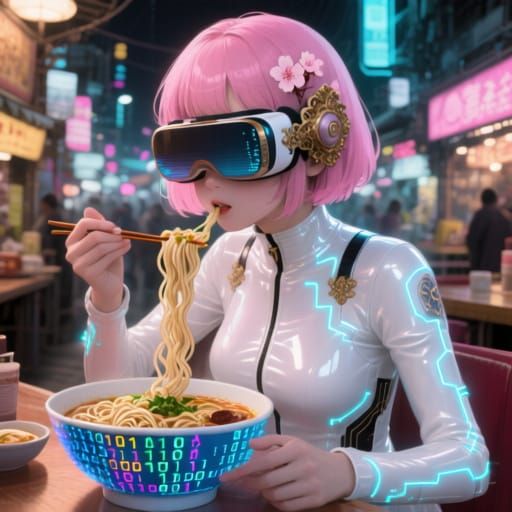 Cyberpunk Rococo Girl Eats Code Ramen