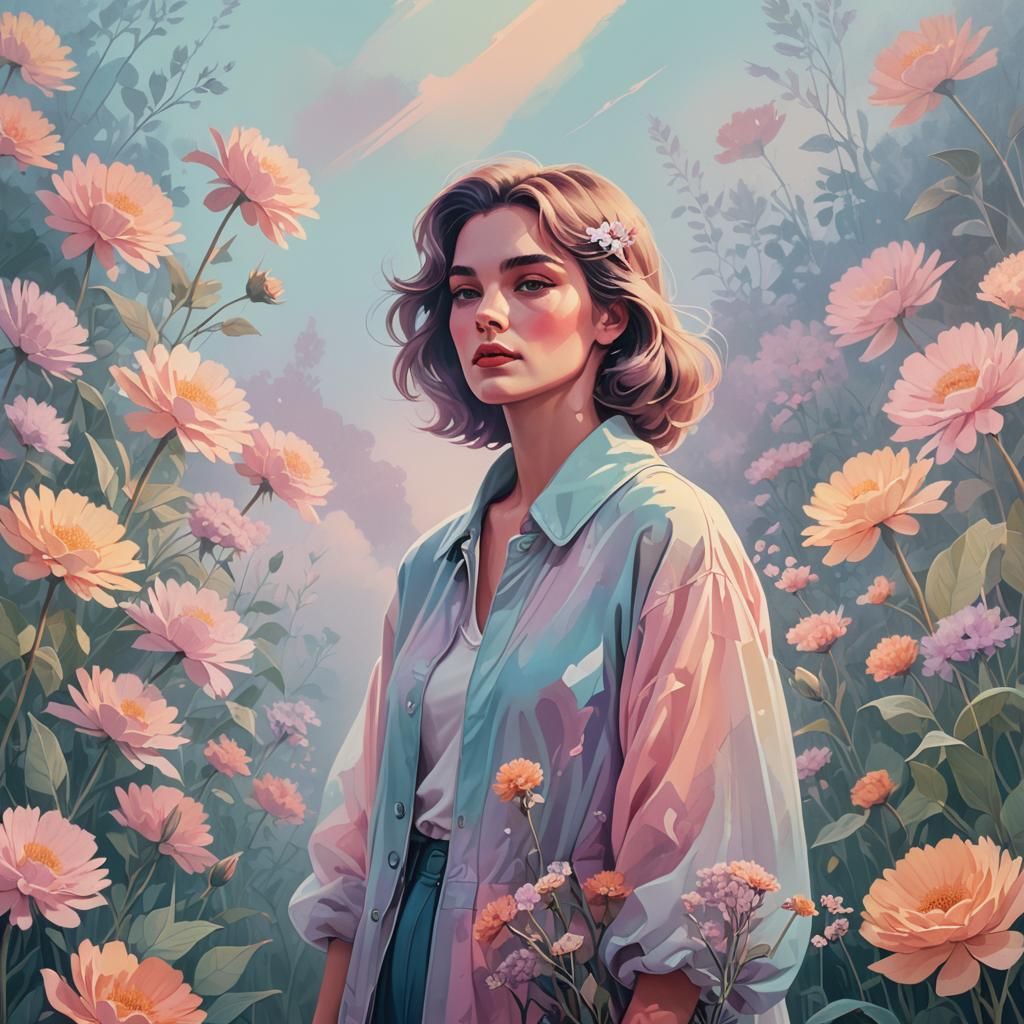 Pop Art Woman in Misty Pastel Dreamscape