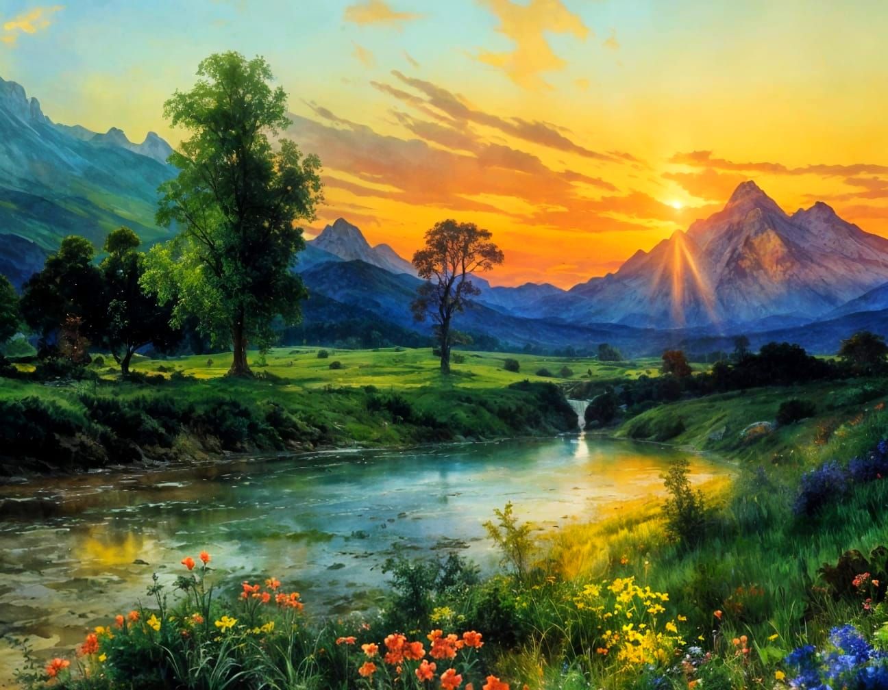 Wildflower Meadow on Mars Riverscape by Thomas Moran Style