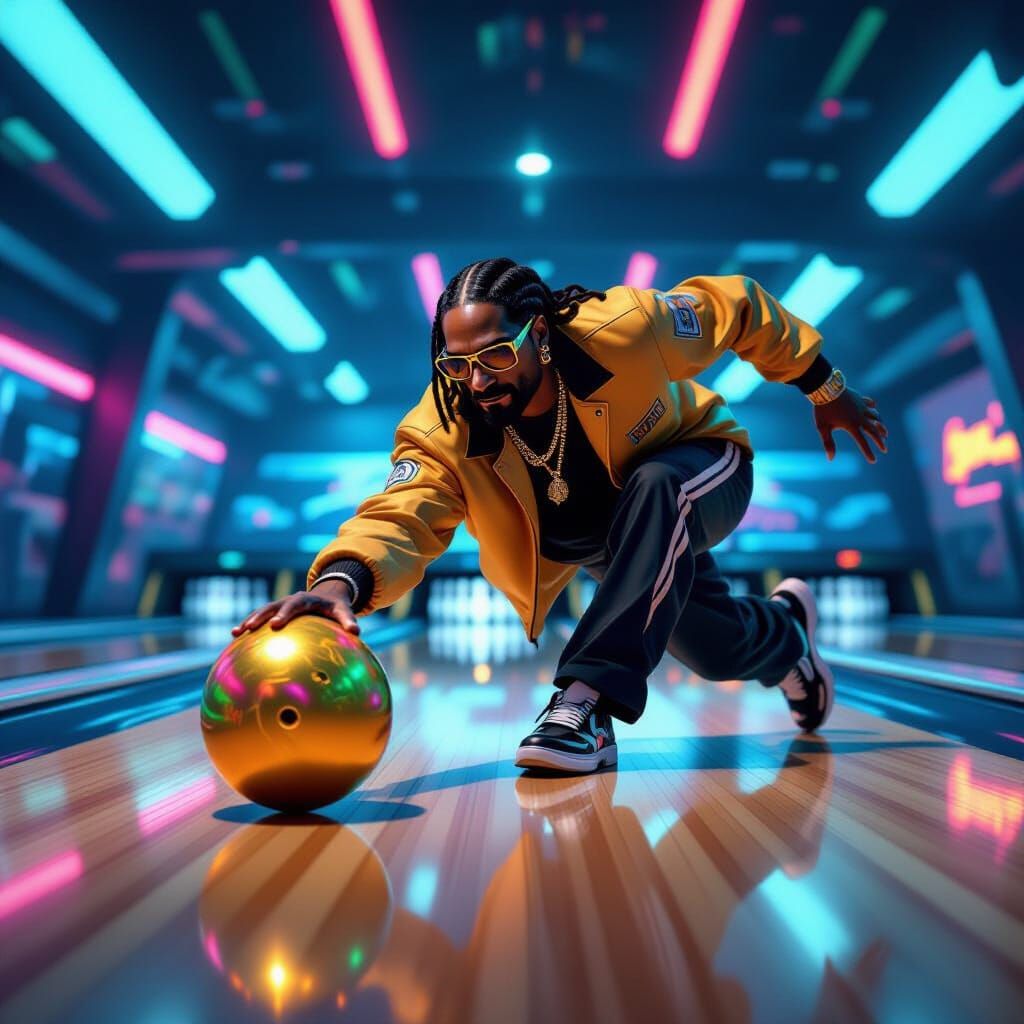 Snoop Dogg Bowling in a Cyberpunk Alley