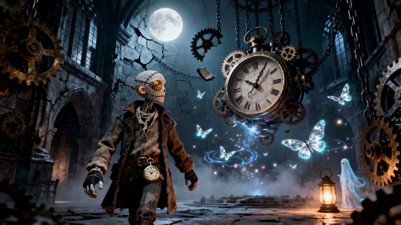 Gothic Clocktower Interior with Undead Wanderer