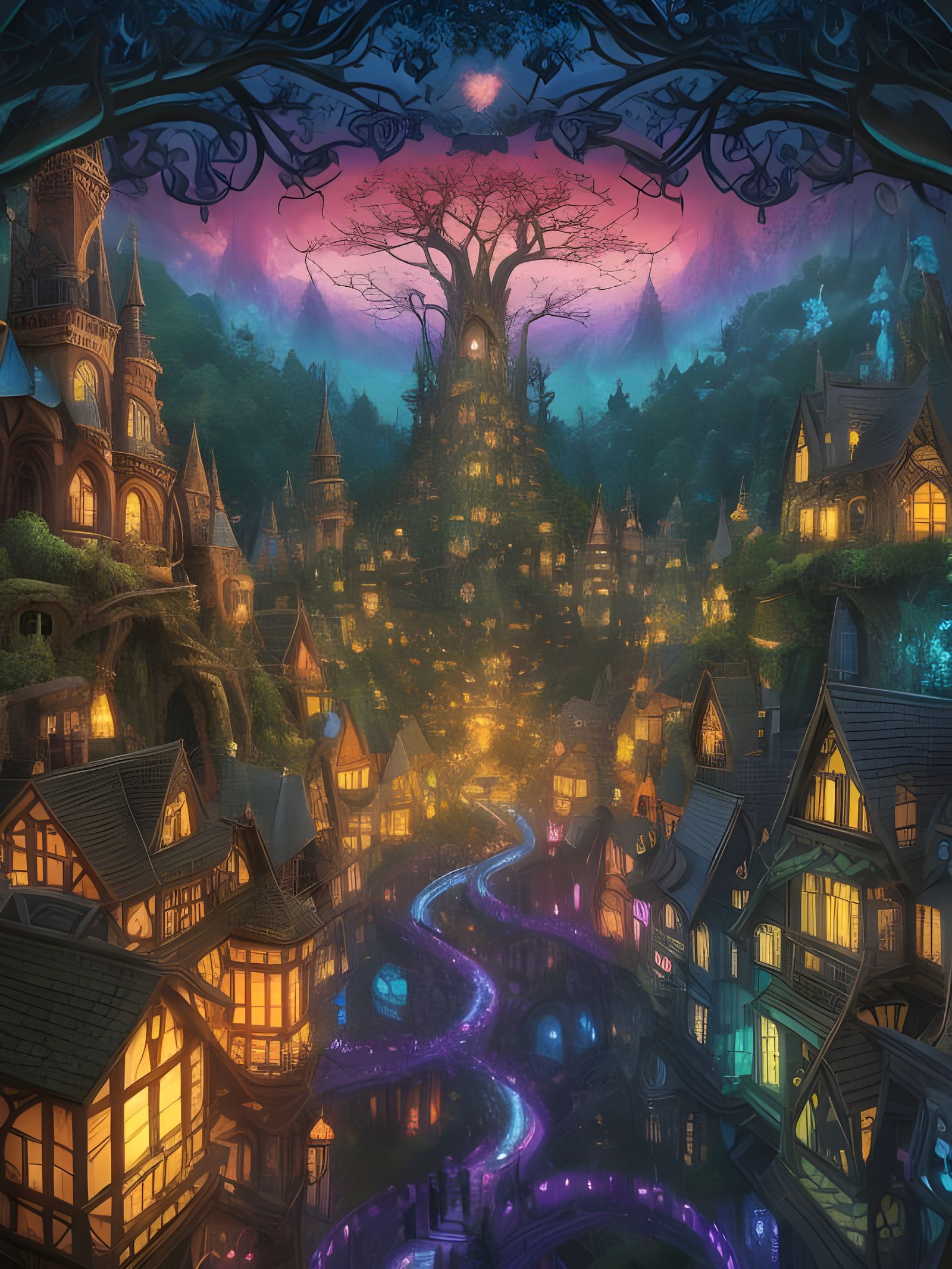 Magical Fairytale Village Optical Illusion in Goblincore Sty...