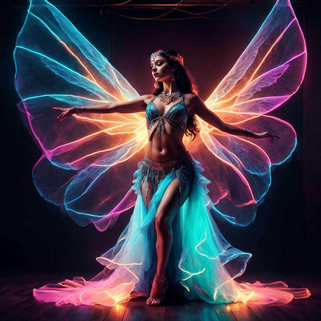 Surreal Belly Dancer in Neon Dreamscape with Glowing Tulle W...