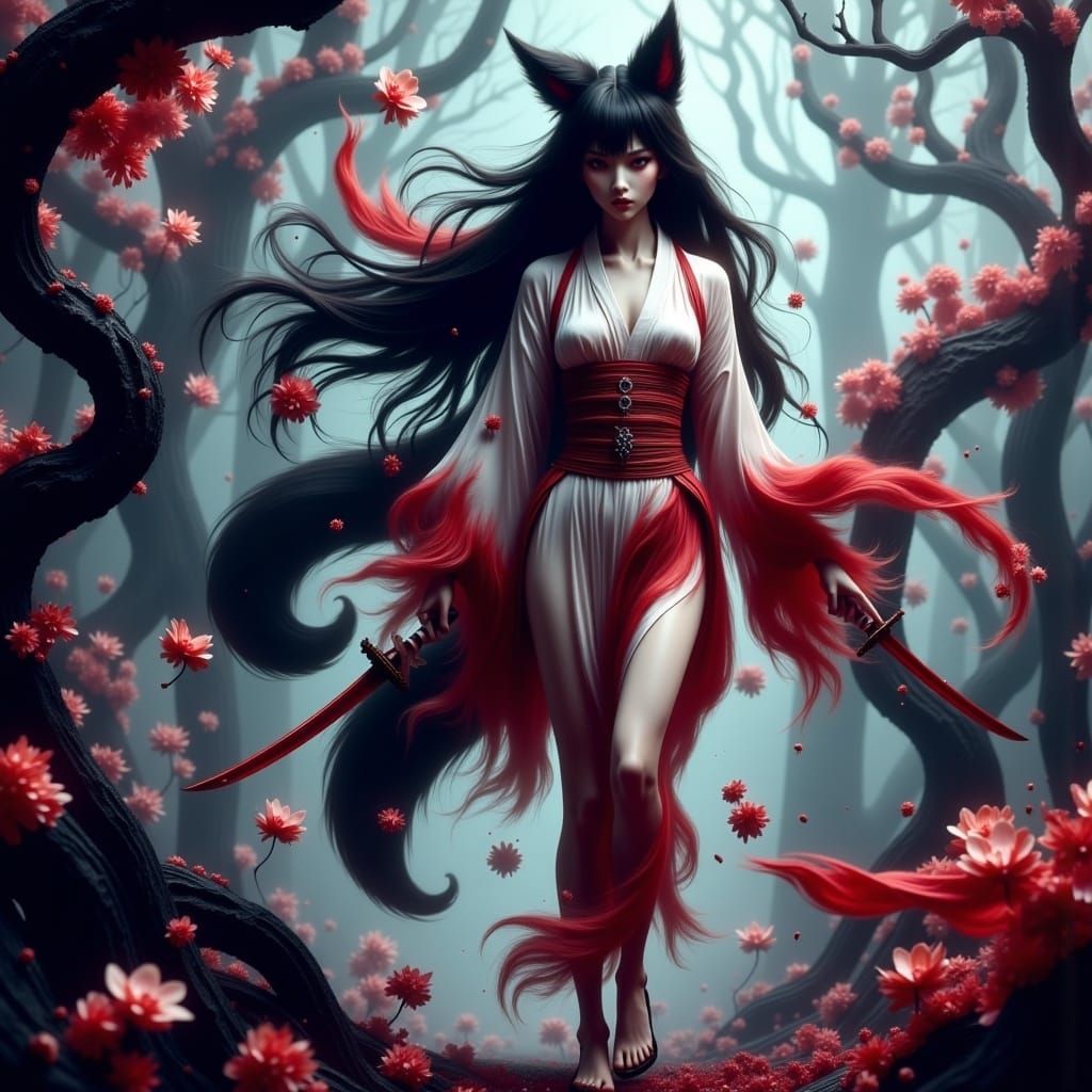 Mystical Kitsune in Kimono, Surrounded by Cherry Blossoms an...