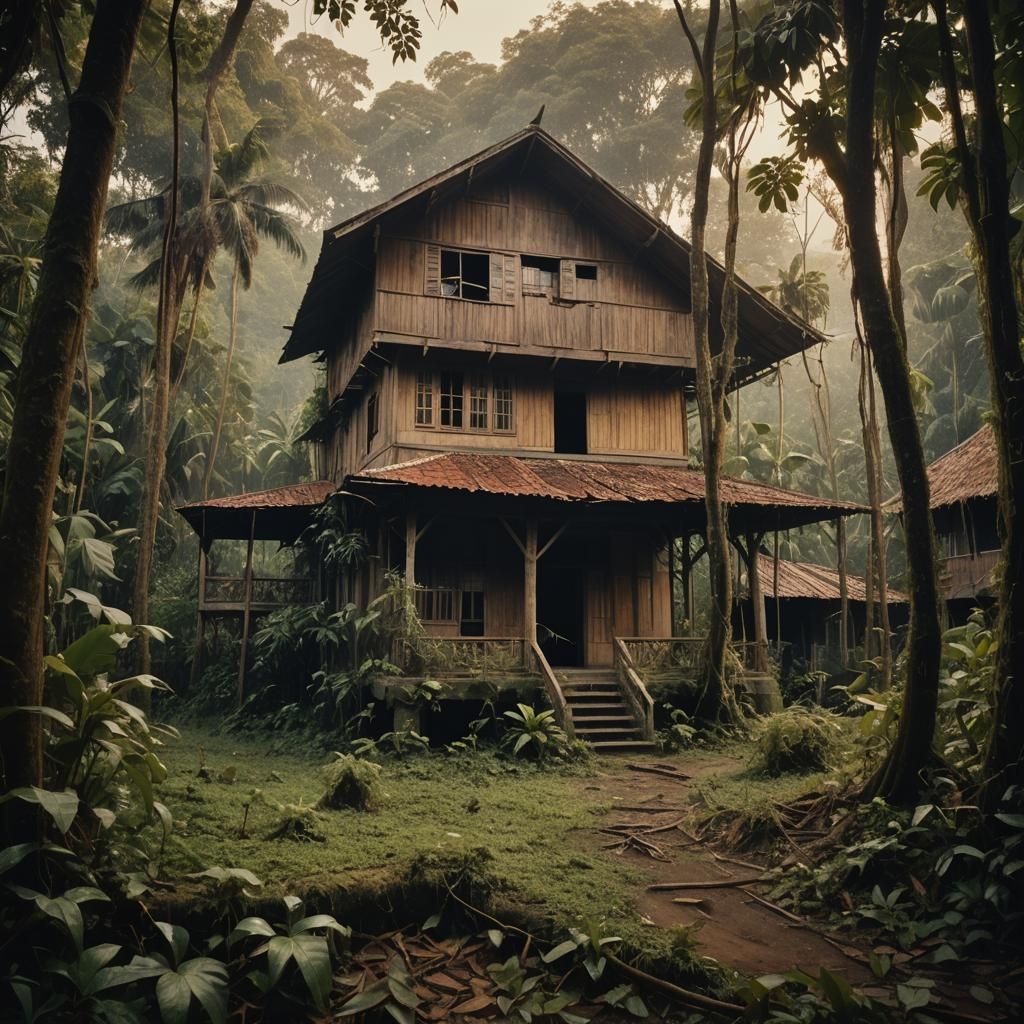 Aceh House in Jungle: Cinematic Film Still