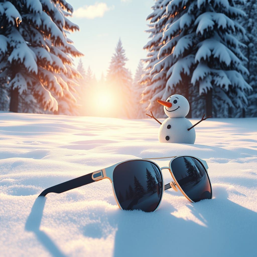 Futuristic Sunglasses Reflect Snowman in Winter Wonderland