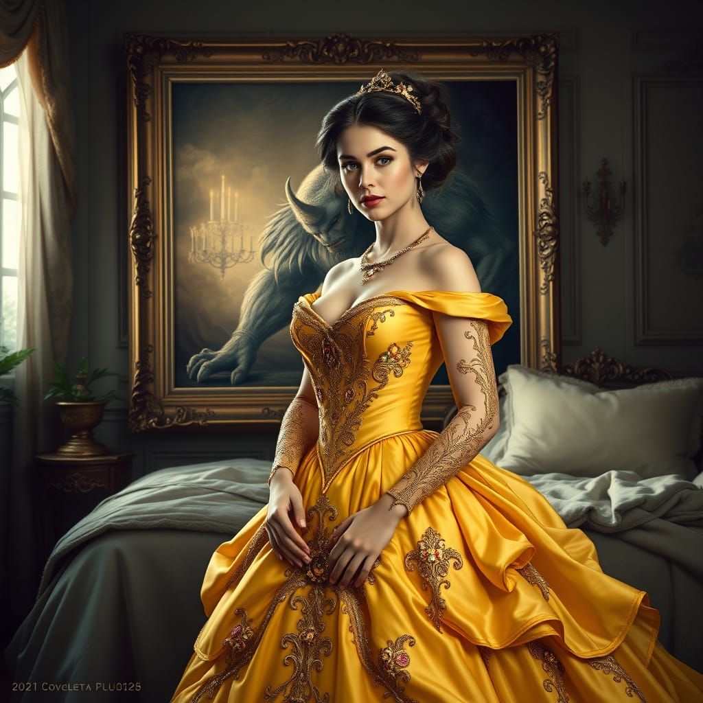 Ethereal Beauty in Ornate Yellow Gown, Realistic Fantasy Art...