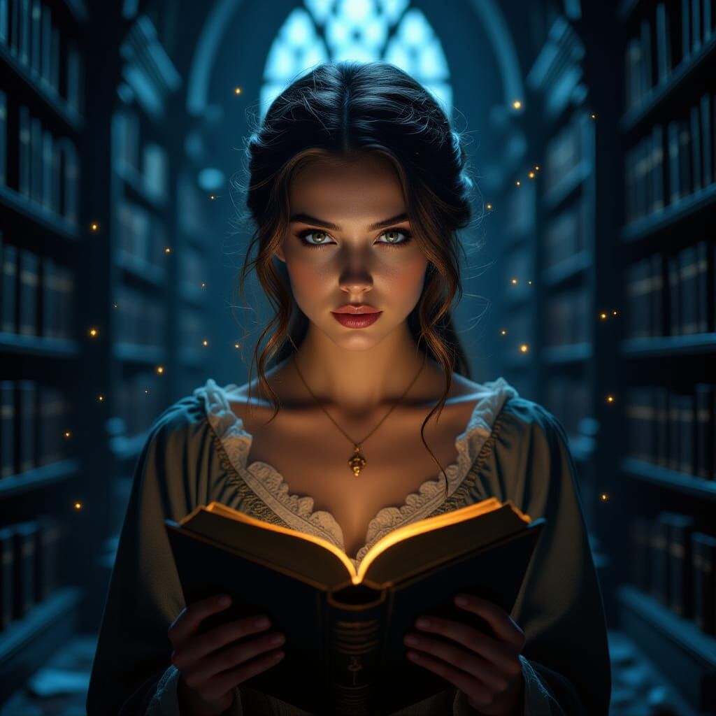 Woman Reading Glowing Book in Forgotten Library