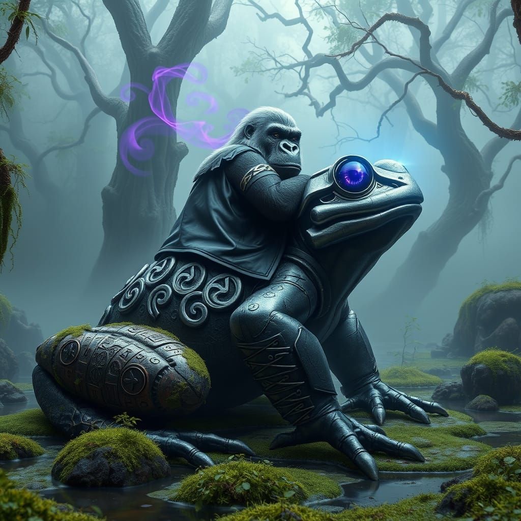 Regal Gorilla and Steel Frog in Mystical Swamp