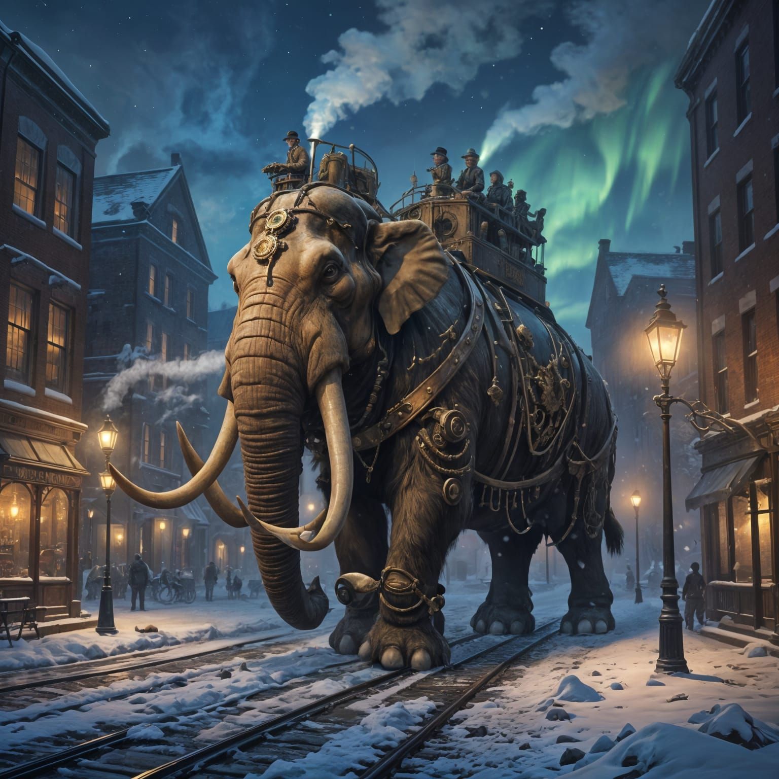 Steampunk Mammoth in Victorian Cityscape