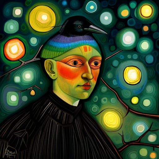 Crow in Cap on Branch, Visionary Art Style