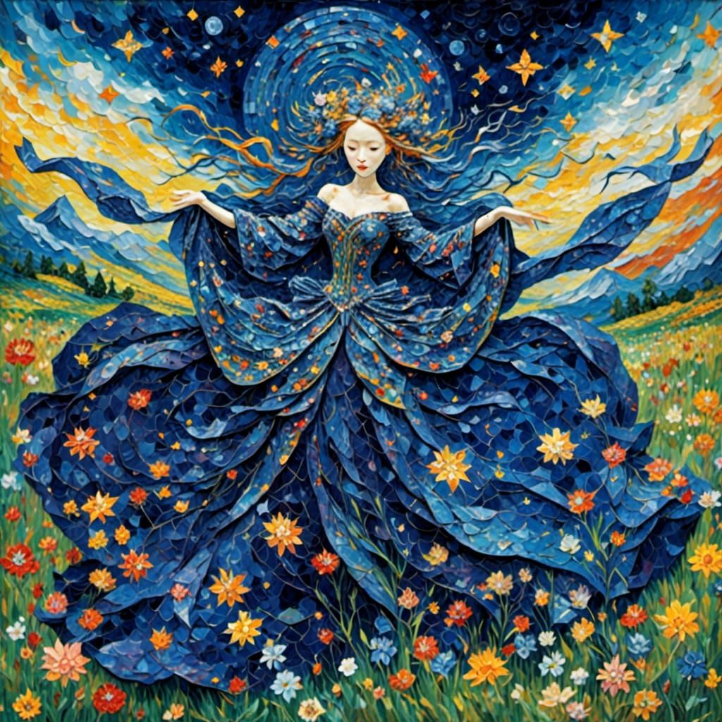 Figures Embrace Night Sky in Zentangle Style