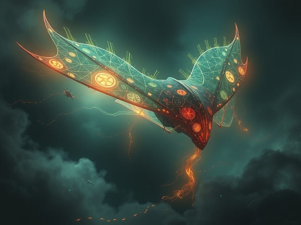 Surreal Kite Aircraft in Tempest with Energy Patterns