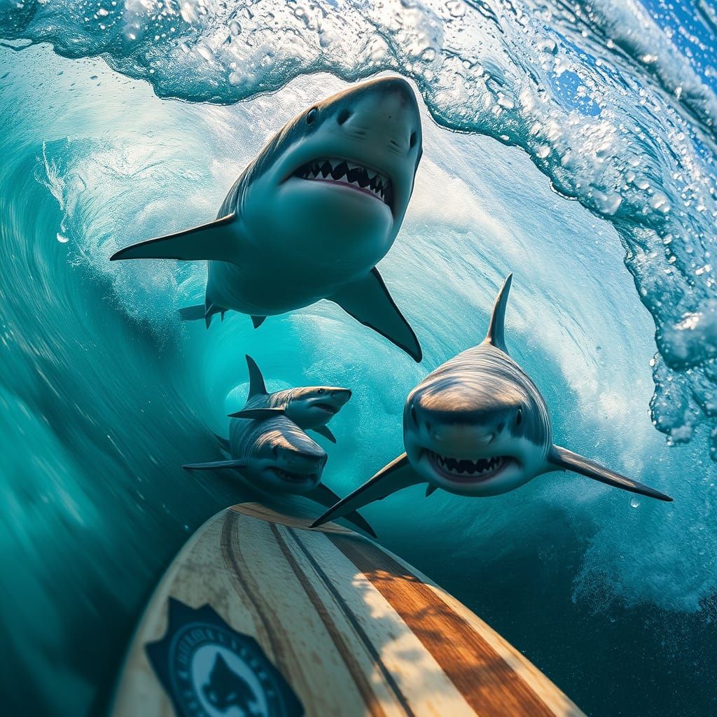 Surreal Sharks Ride Ocean Wave