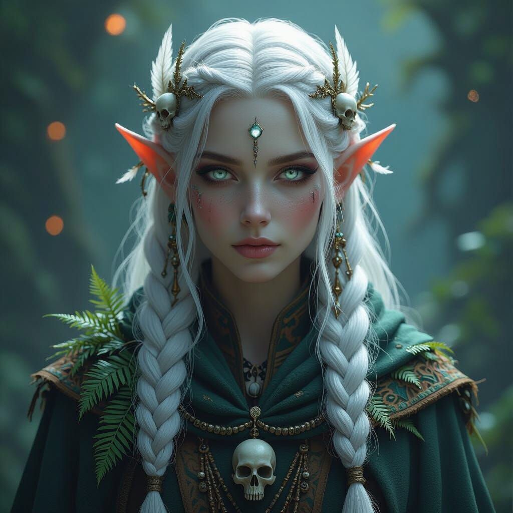 Blind Elf Mystic with Skullheron Feathers in Dark Fantasy Ar...