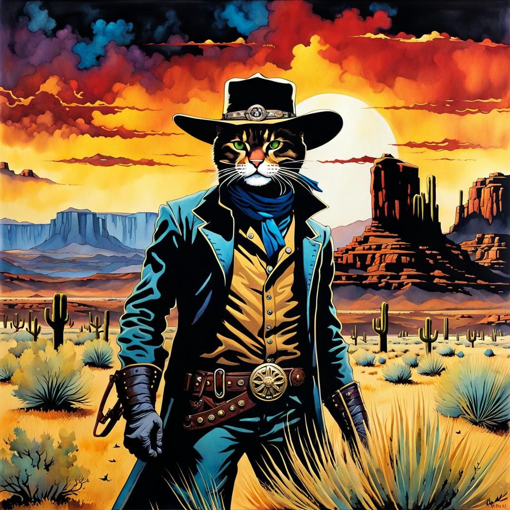 Cowboy Cat in Arizona Desert Watercolor