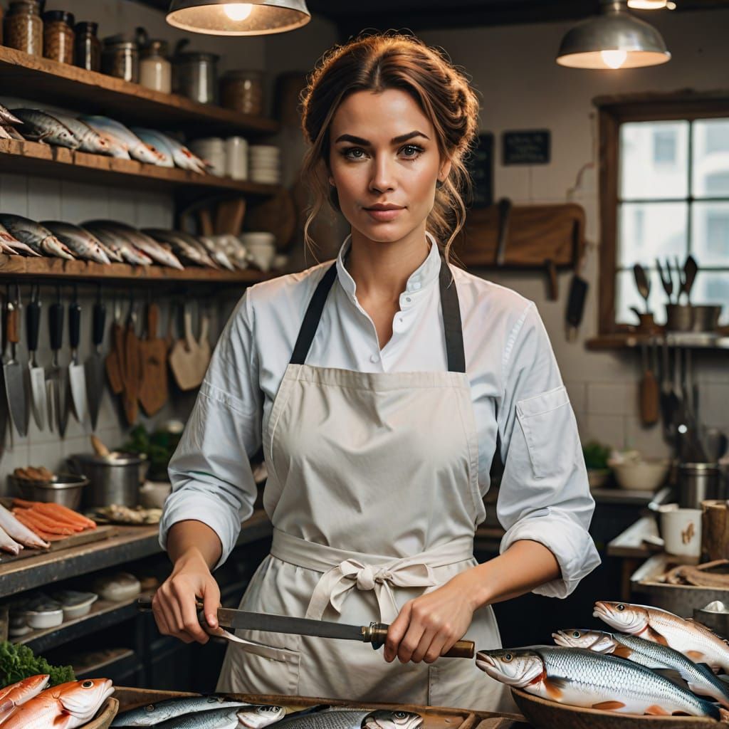 Sexy Fish Seller Woman in White Apron