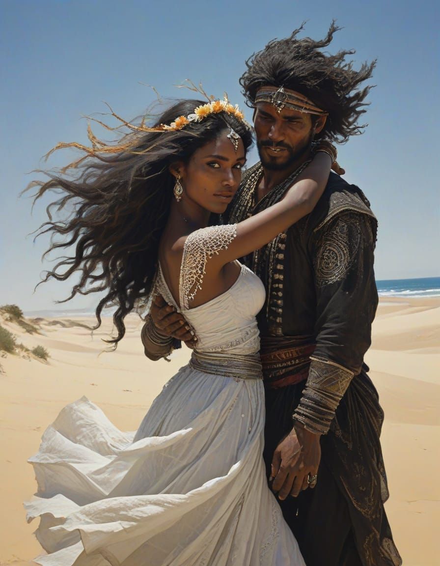 Sensual Tuareg Couple Dances Under Vibrant Desert Sunset