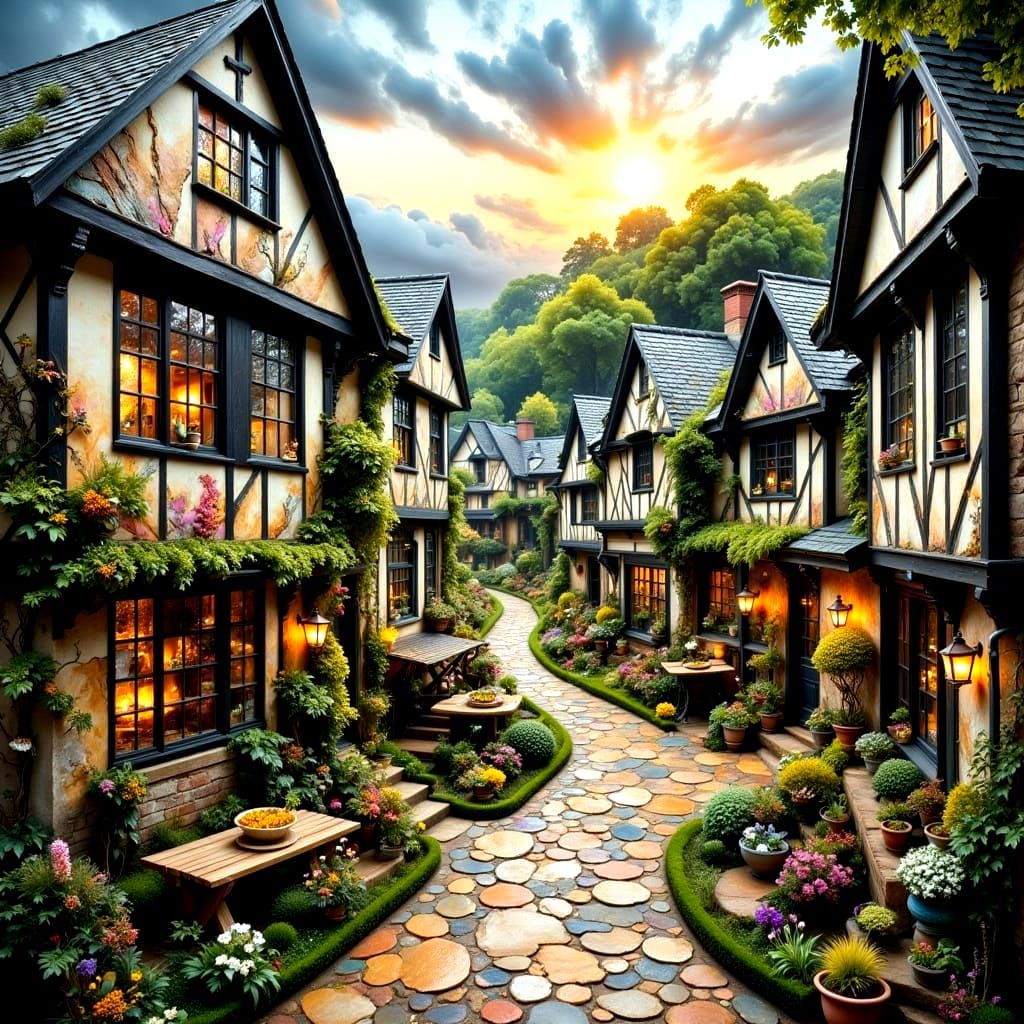 Ethereal Tudor Market Town Amidst Hilly Countryside
