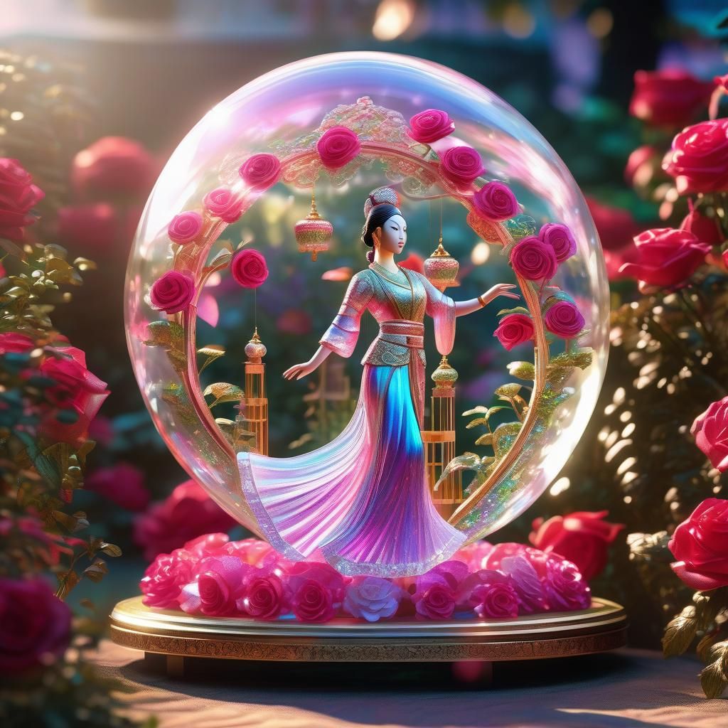 Holographic Crystal Oriental Dancer with Rose Garden