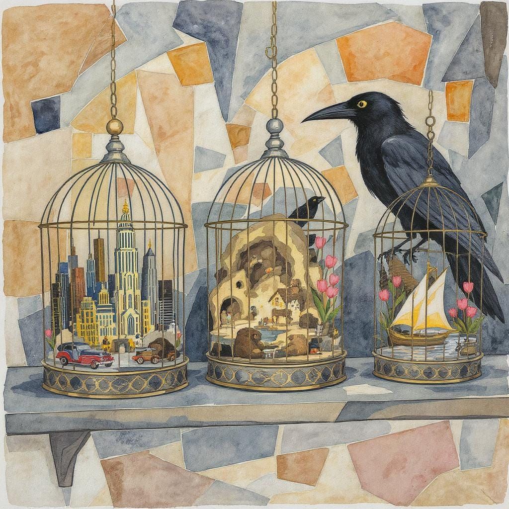 Miniature Worlds in Birdcages as Cubist Watercolor