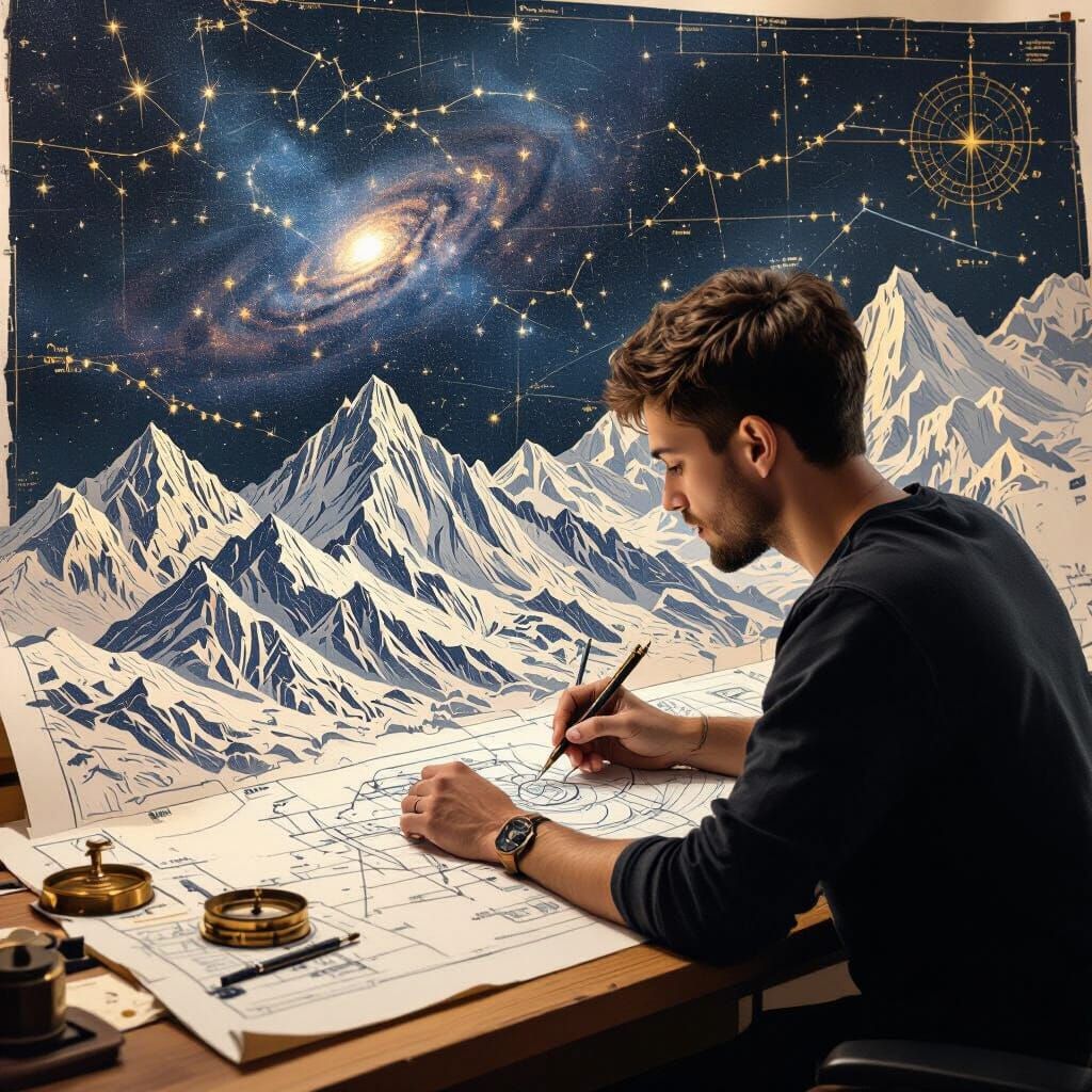 Mapmaker Drafts Celestial Blueprint with Mountains and Galax...