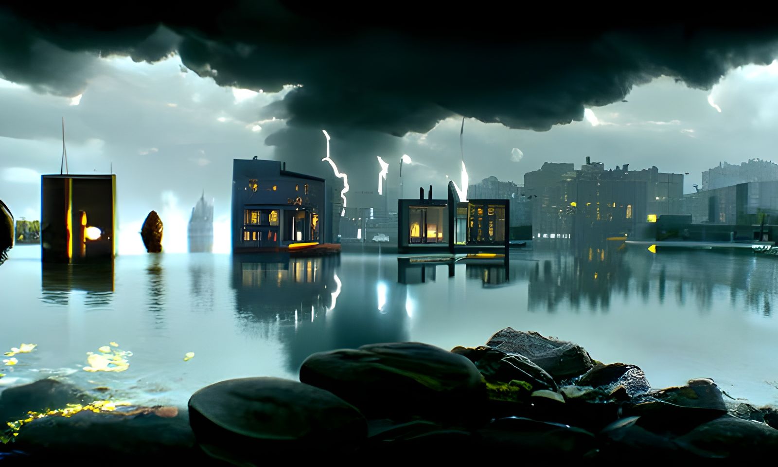 Stormy Cityscape Reflection in Film Noir Style