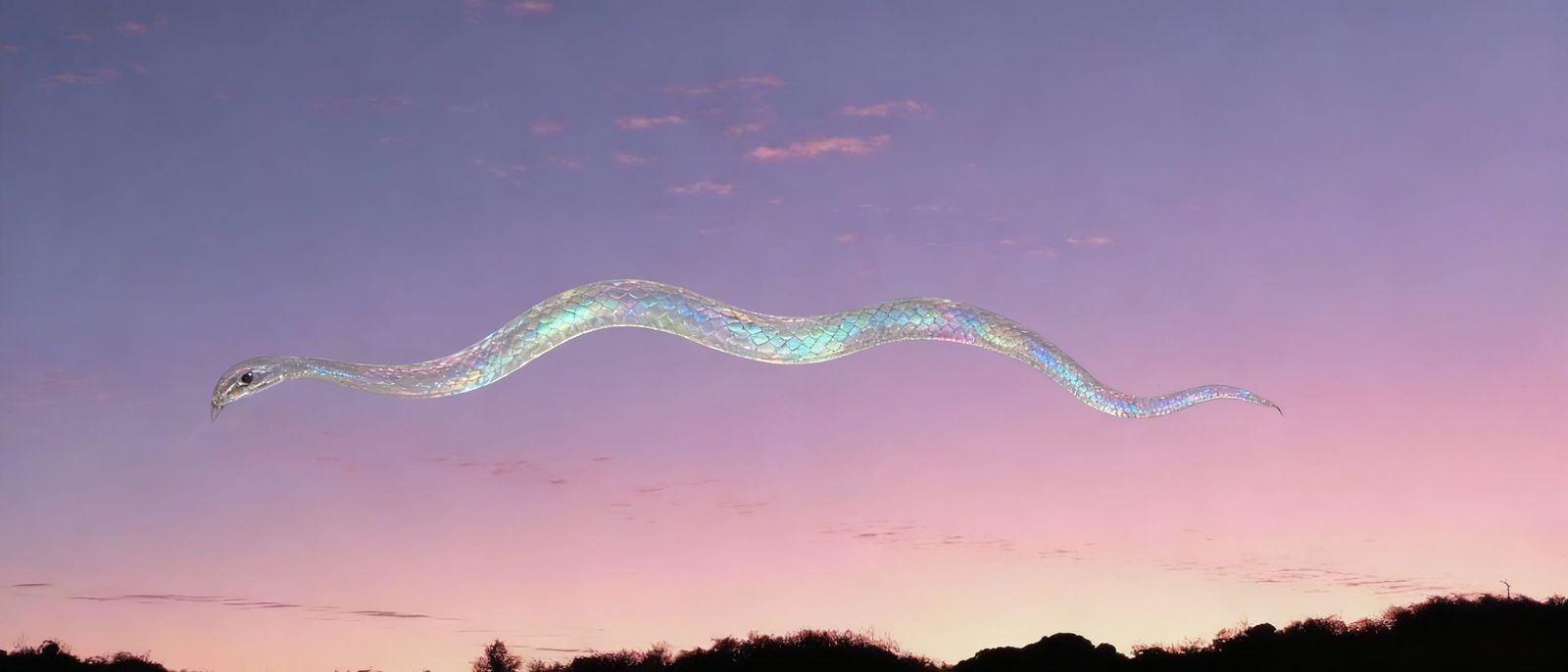 Iridescent Snake Glides Through Pastel Sunset Sky