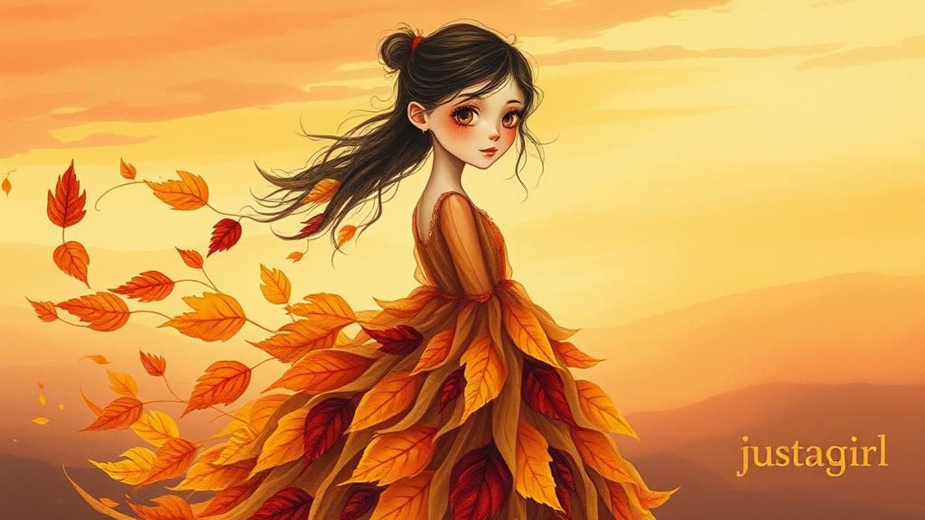 Autumn Girl in Leaf Gown: Gouache Impasto Painting