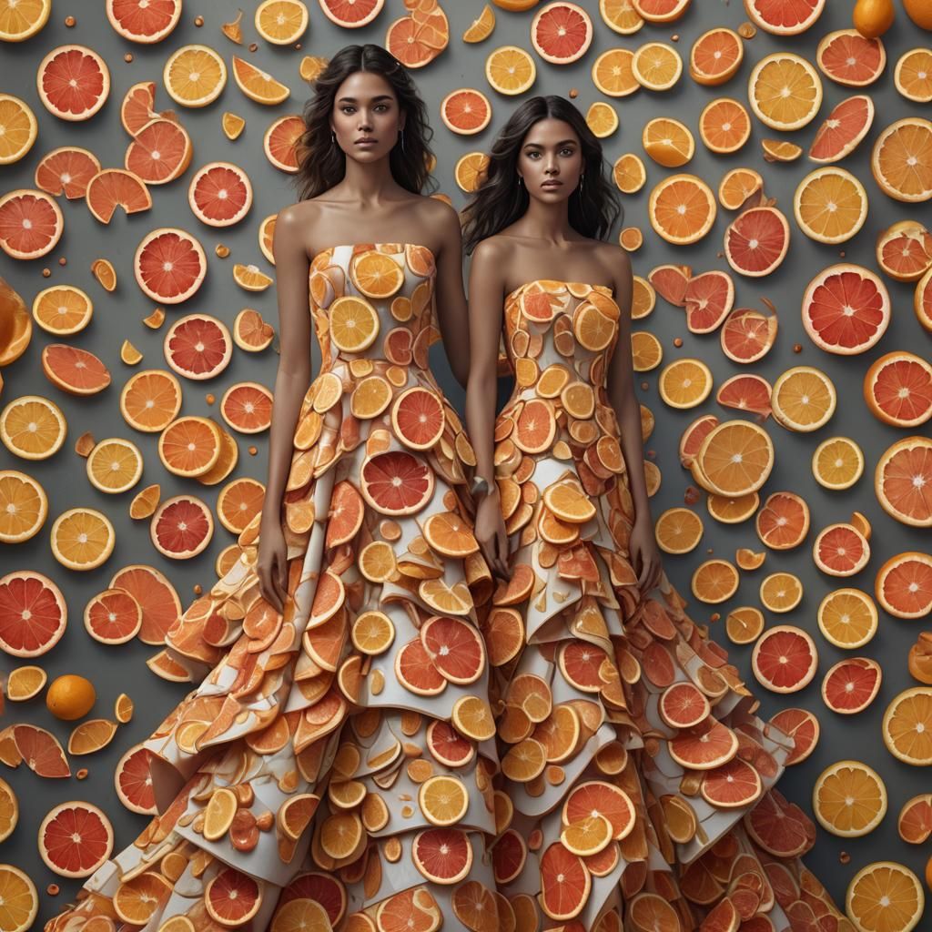 Fantastical Woman in Fruit Gown, Hyperrealistic Art