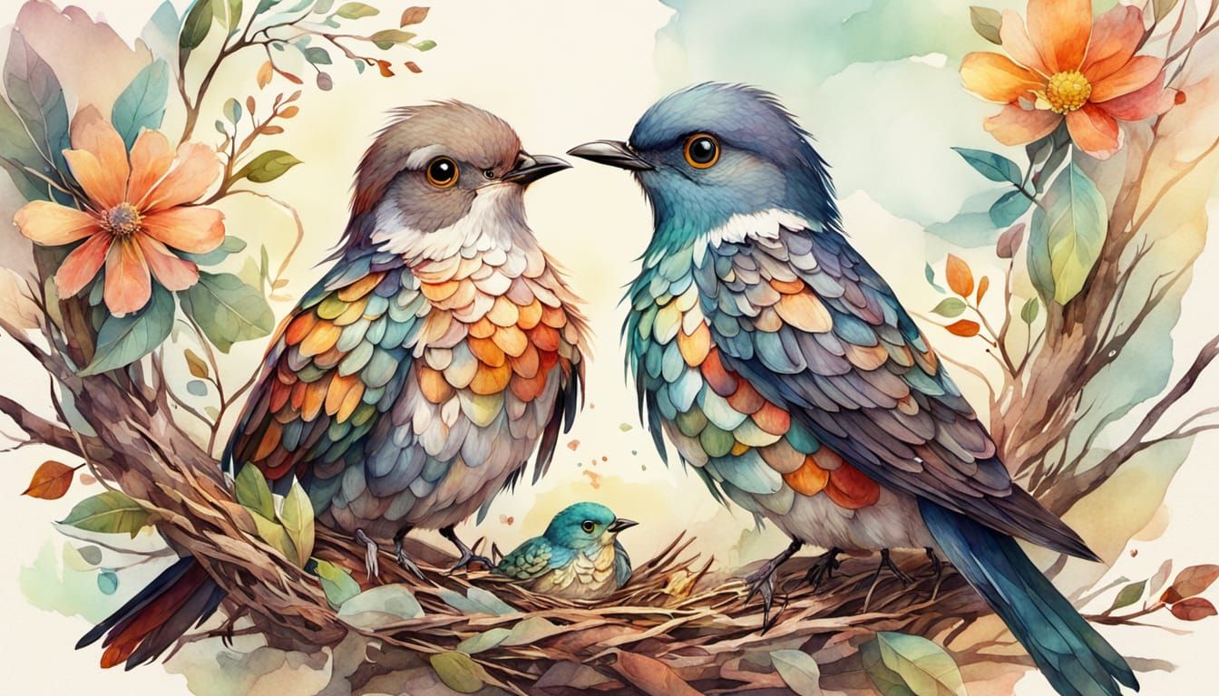 Cuckoo Adopts Patchwork Bird: Whimsical Watercolor Art