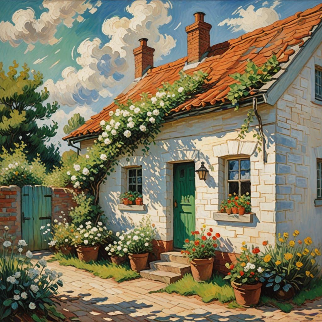 Vibrant Rustic Cottage in Warm Sunlight